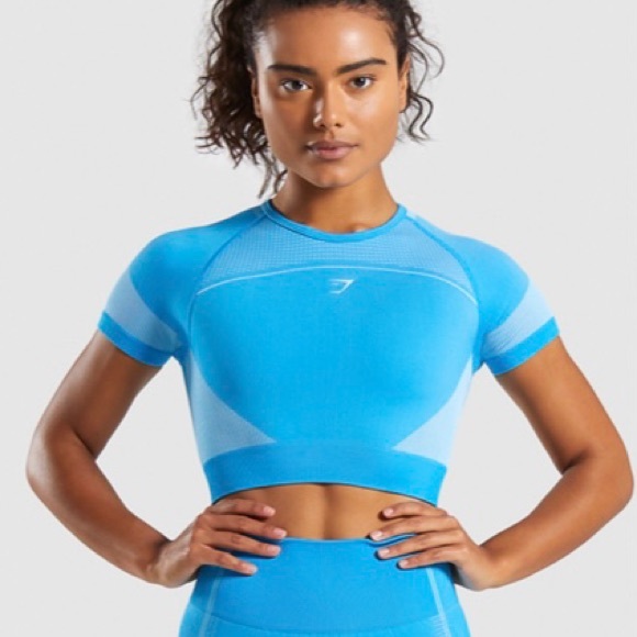 GYMSHARK Neon Blue Ultra Seamless Crop Top Size S - Picture 2 of 13